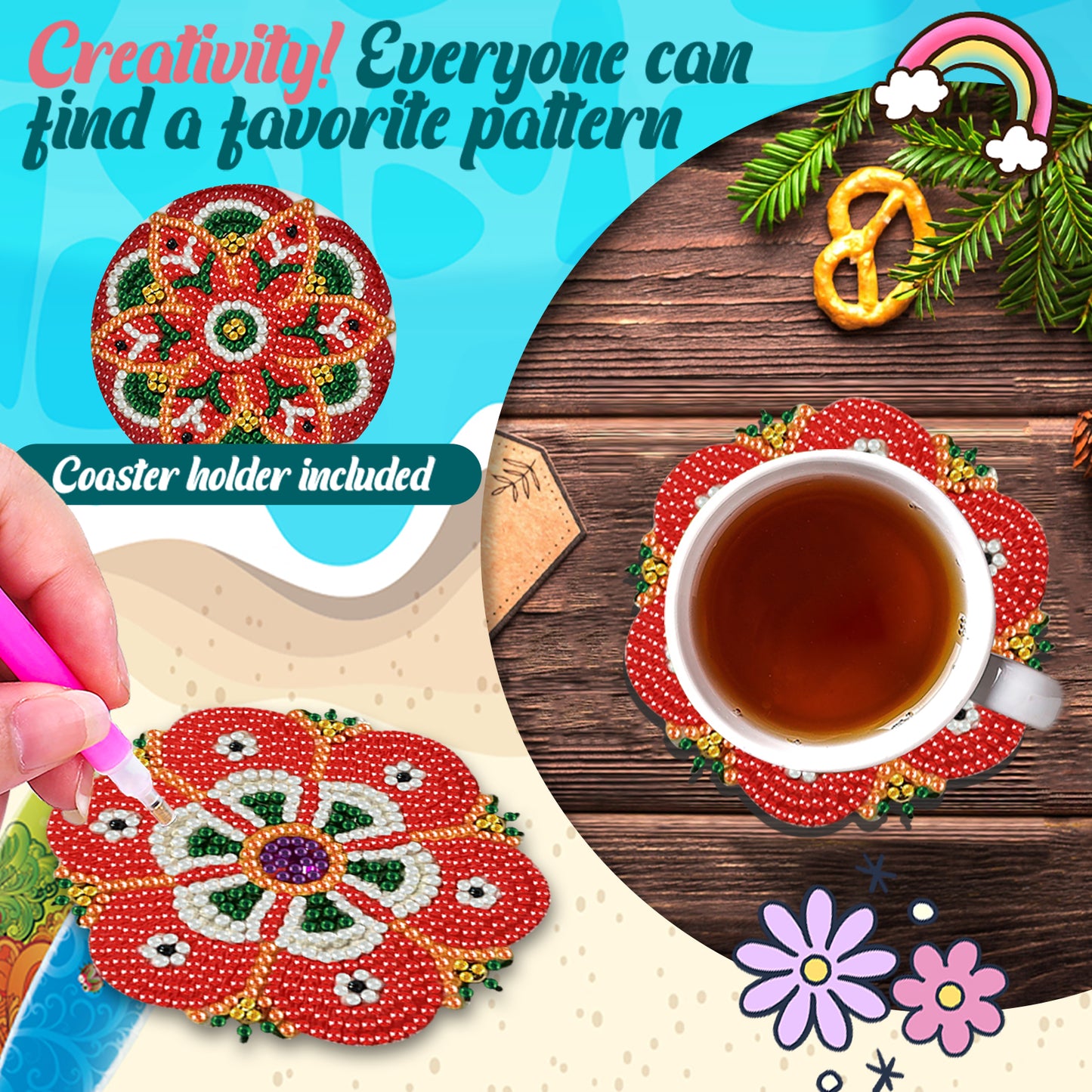 6pcs Pattern Wooden DIY Coaster Diamond Art Kits with Holder No-Slip Home Decor