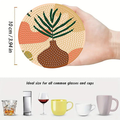 8pcs Simple Pattern Wooden DIY Coaster Diamond Art Kit w/ Holder No-Slip Decor