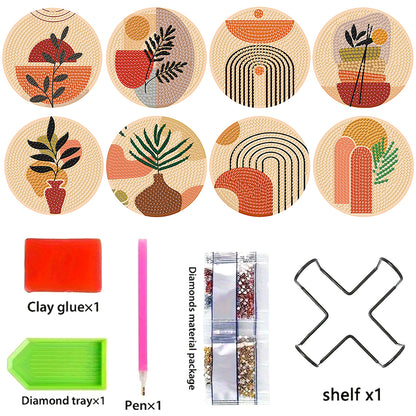 8pcs Simple Pattern Wooden DIY Coaster Diamond Art Kit w/ Holder No-Slip Decor