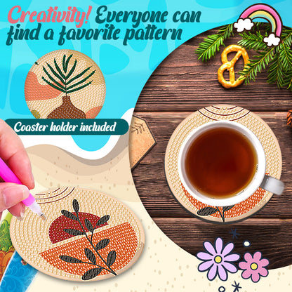 8pcs Simple Pattern Wooden DIY Coaster Diamond Art Kit w/ Holder No-Slip Decor