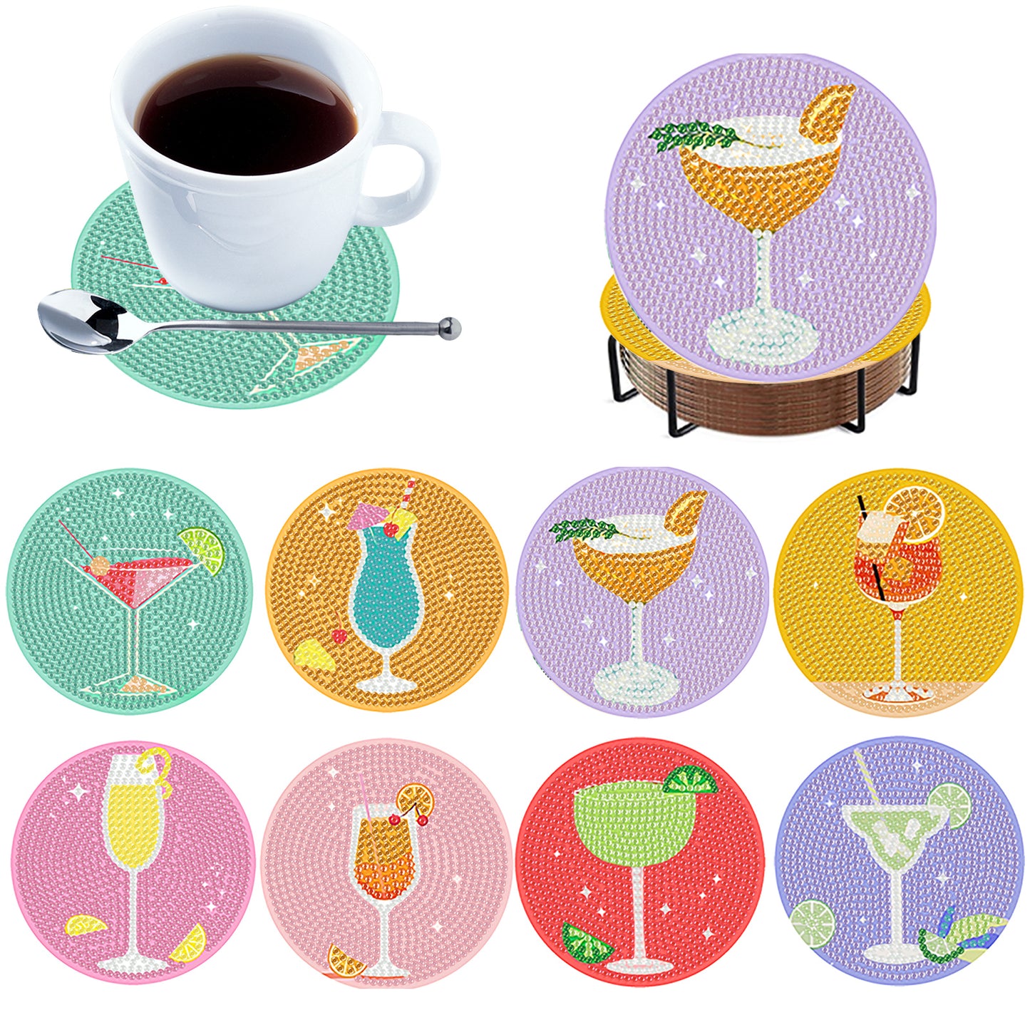 8pcs Drinks Wooden DIY Coaster Diamond Art Kits with Holder No-Slip Home Decor