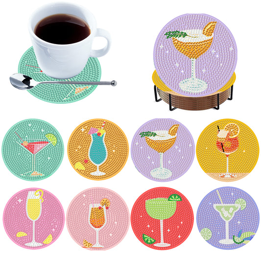 8pcs Drinks Wooden DIY Coaster Diamond Art Kits with Holder No-Slip Home Decor