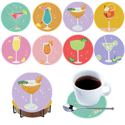 8pcs Drinks Wooden DIY Coaster Diamond Art Kits with Holder No-Slip Home Decor