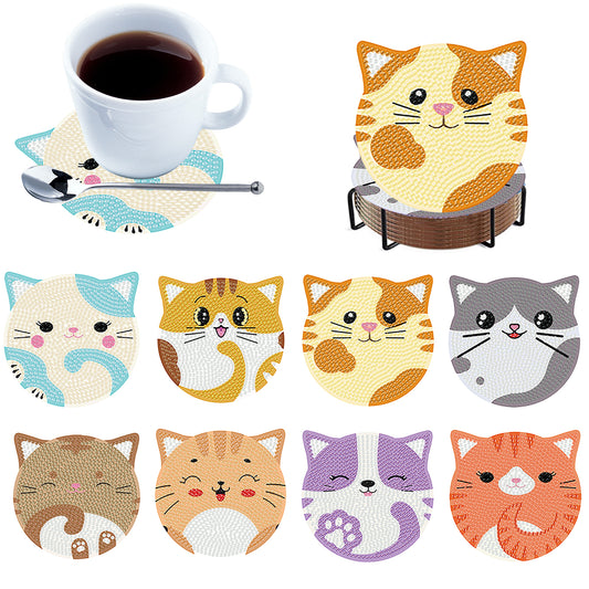 8pcs Cat Wooden DIY Coaster Diamond Art Kits with Holder No-Slip for Home Decor
