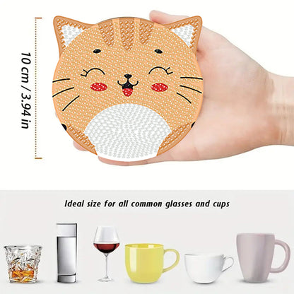 8pcs Cat Wooden DIY Coaster Diamond Art Kits with Holder No-Slip for Home Decor