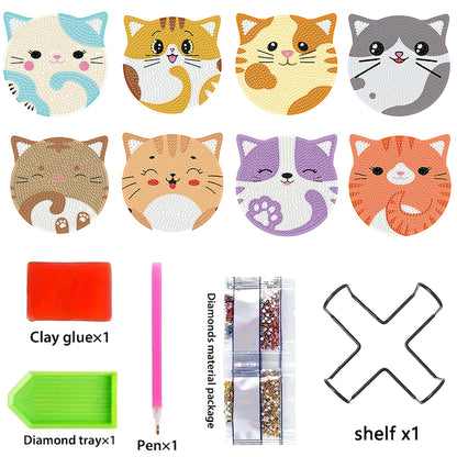 8pcs Cat Wooden DIY Coaster Diamond Art Kits with Holder No-Slip for Home Decor
