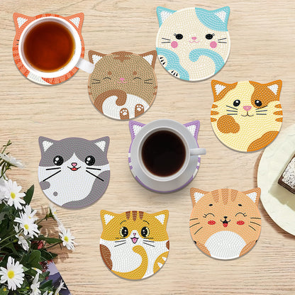 8pcs Cat Wooden DIY Coaster Diamond Art Kits with Holder No-Slip for Home Decor