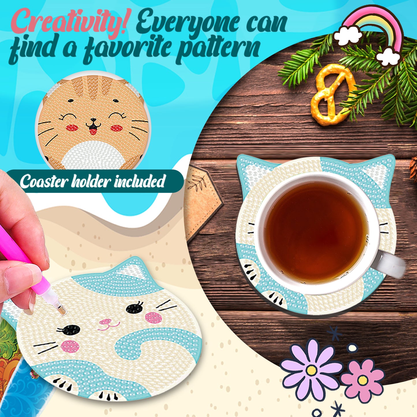 8pcs Cat Wooden DIY Coaster Diamond Art Kits with Holder No-Slip for Home Decor