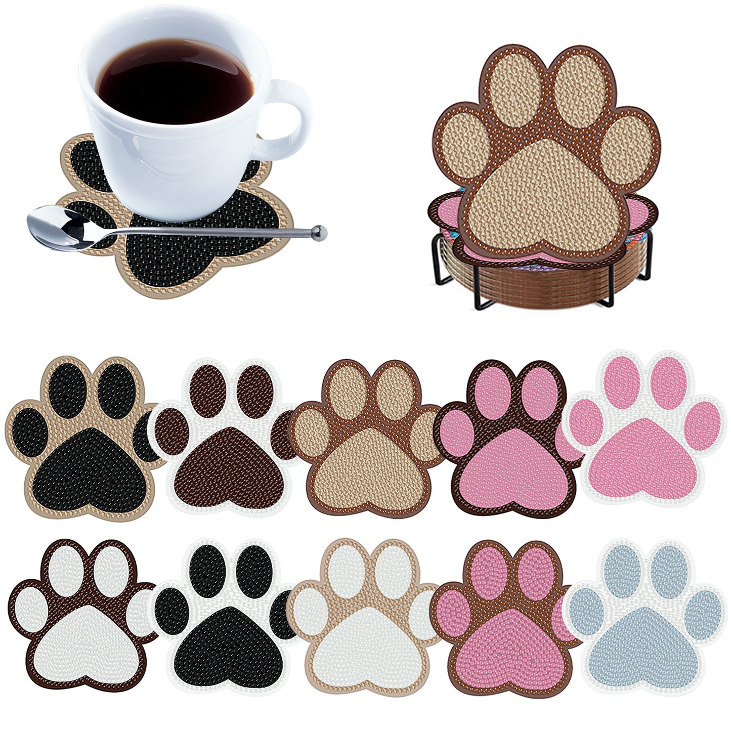 10pcs Cat Paw Wooden DIY Coaster Diamond Art Kits with Holder No-Slip Home Decor