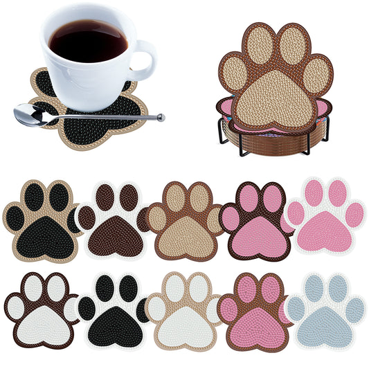 10pcs Cat Paw Wooden DIY Coaster Diamond Art Kits with Holder No-Slip Home Decor