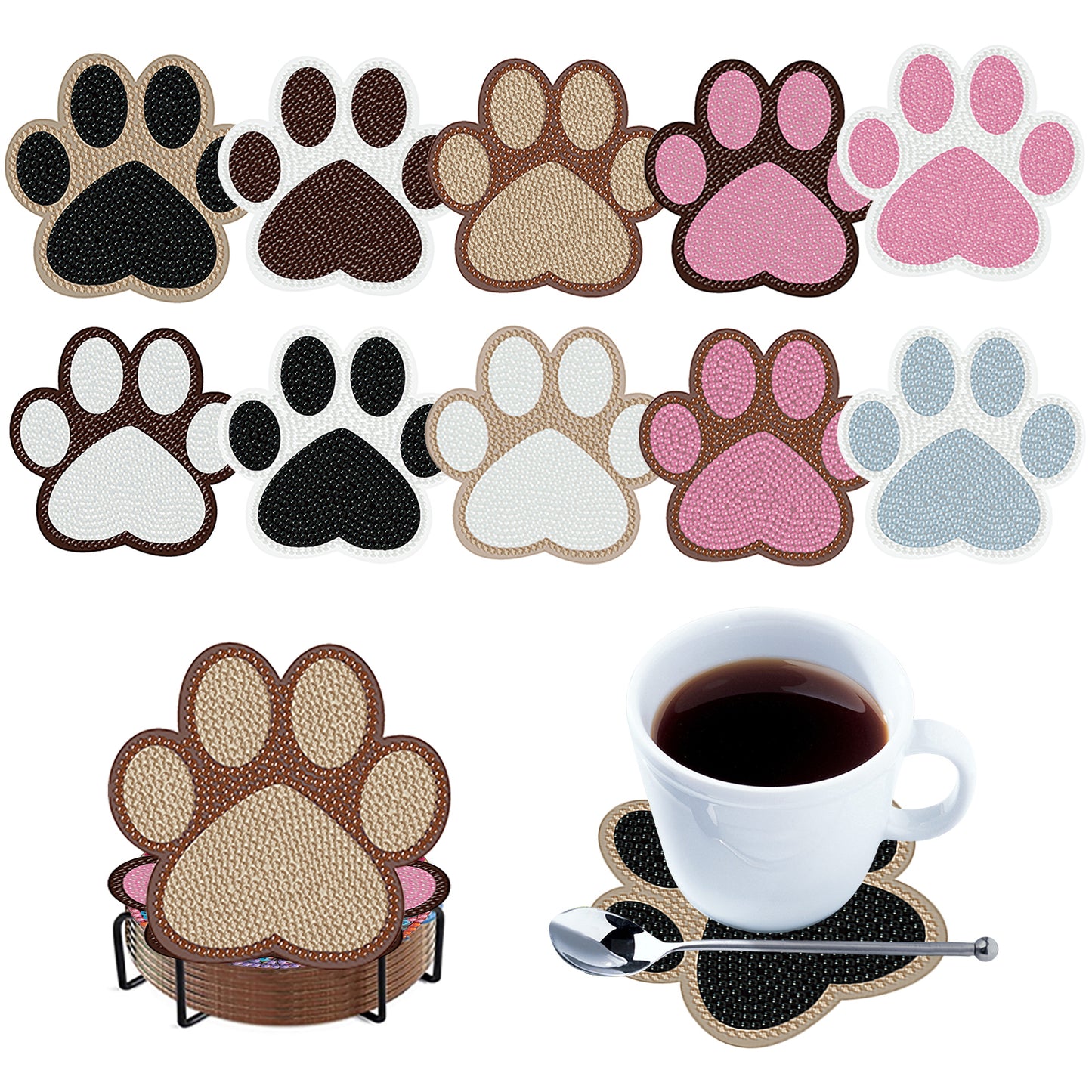 10pcs Cat Paw Wooden DIY Coaster Diamond Art Kits with Holder No-Slip Home Decor
