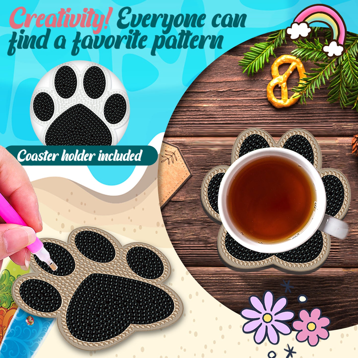10pcs Cat Paw Wooden DIY Coaster Diamond Art Kits with Holder No-Slip Home Decor