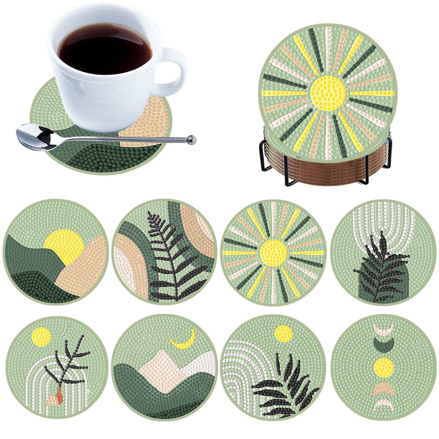 8pcs Green Wooden DIY Coaster Diamond Art Kits with Holder No-Slip Home Decor