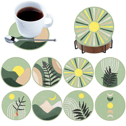 8pcs Green Wooden DIY Coaster Diamond Art Kits with Holder No-Slip Home Decor