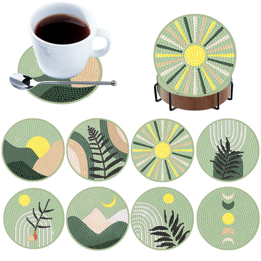 8pcs Green Wooden DIY Coaster Diamond Art Kits with Holder No-Slip Home Decor