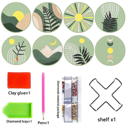 8pcs Green Wooden DIY Coaster Diamond Art Kits with Holder No-Slip Home Decor