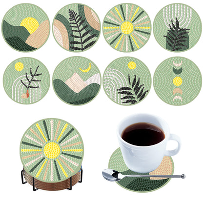 8pcs Green Wooden DIY Coaster Diamond Art Kits with Holder No-Slip Home Decor