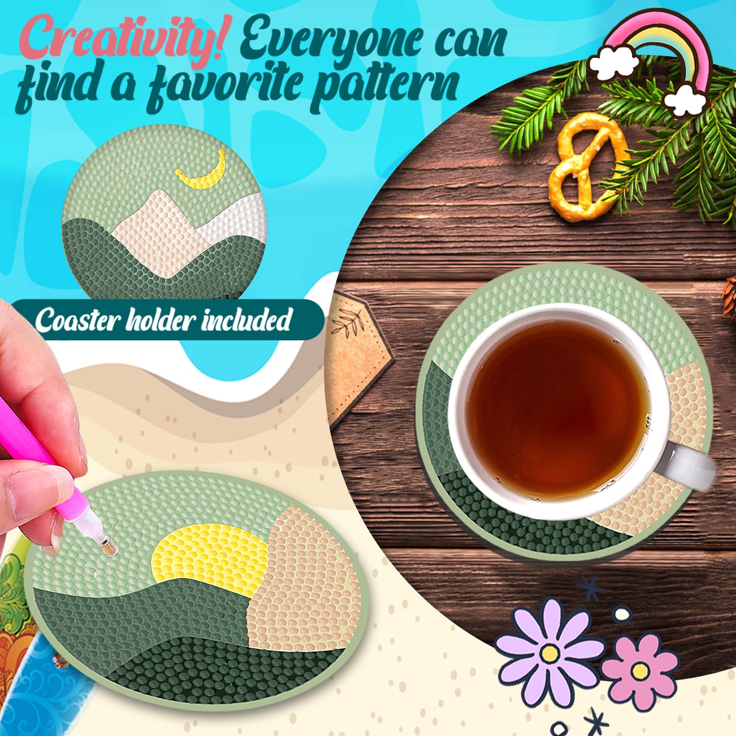 8pcs Green Wooden DIY Coaster Diamond Art Kits with Holder No-Slip Home Decor