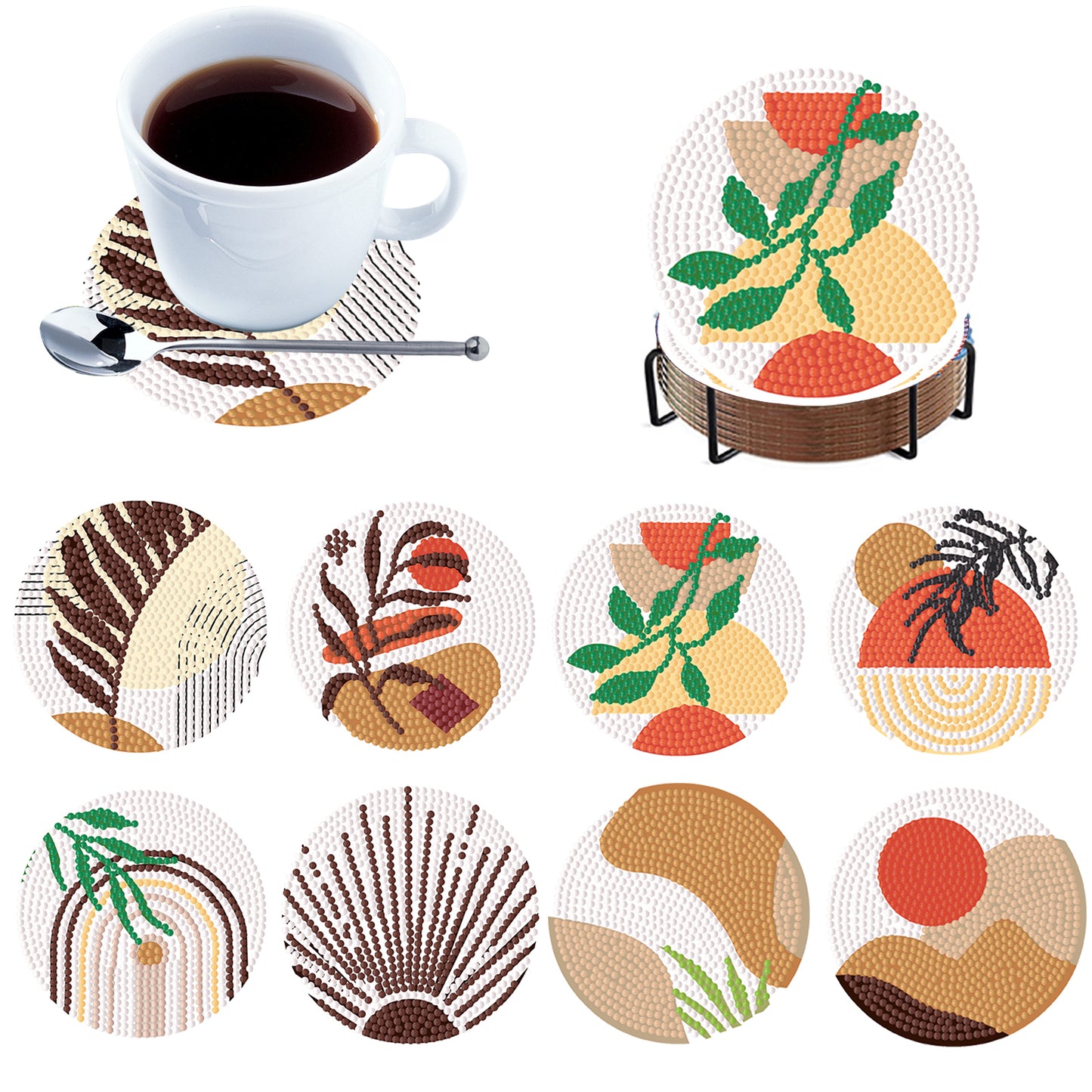 8pcs Plant Wooden DIY Coaster Diamond Art Kits with Holder No-Slip Home Decor