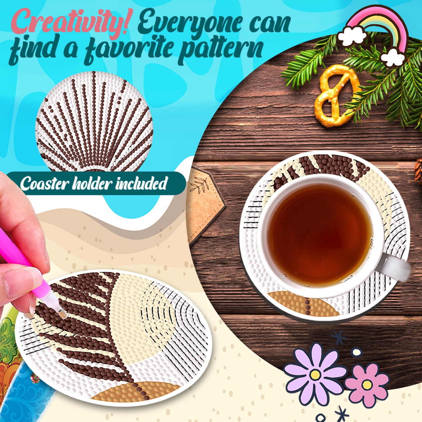 8pcs Plant Wooden DIY Coaster Diamond Art Kits with Holder No-Slip Home Decor