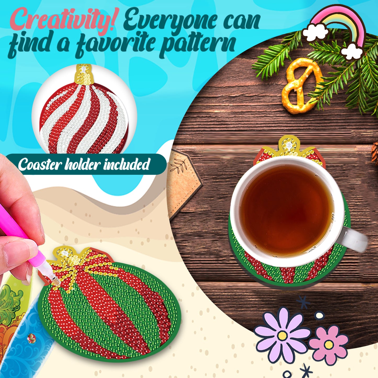 10pcs Lights Wooden DIY Coaster Diamond Art Kits with Holder No-Slip Home Decor