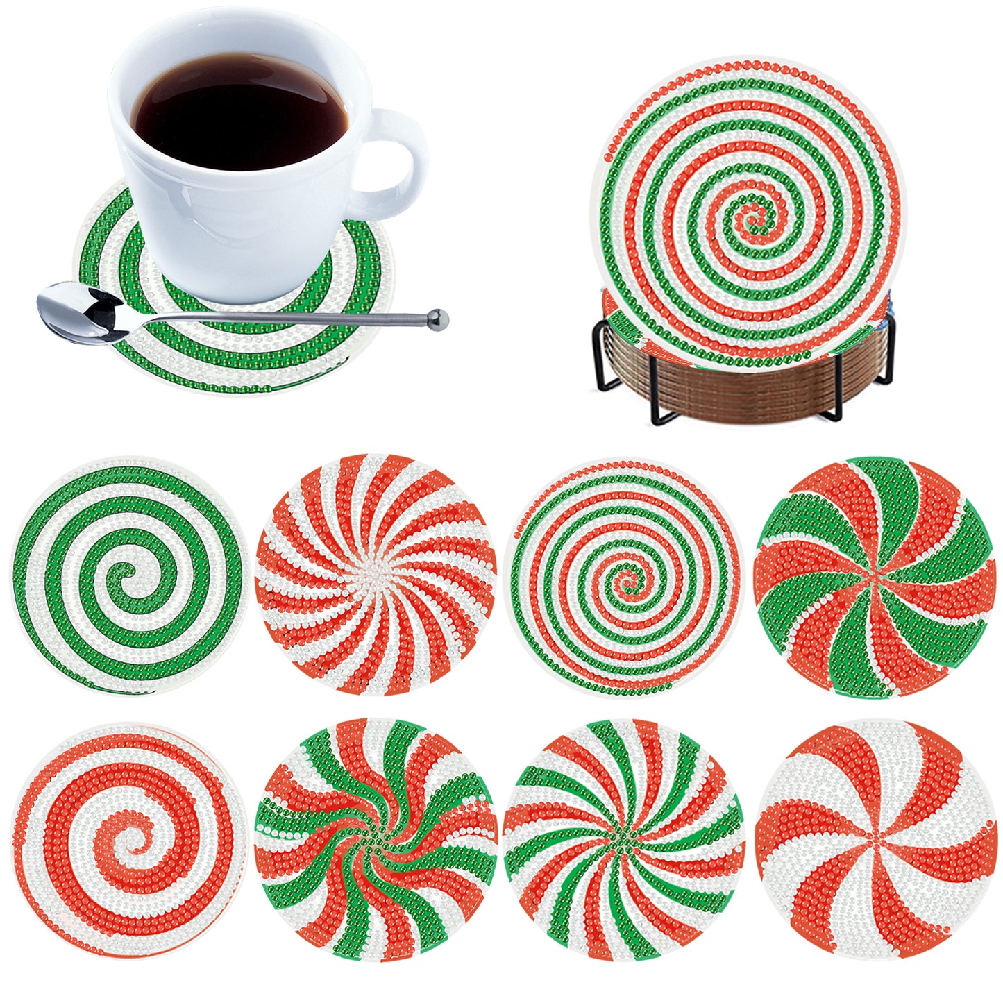 8pcs Candy Wooden DIY Coaster Diamond Art Kits with Holder No-Slip Home Decor