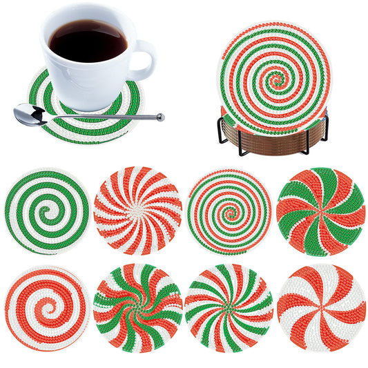 8pcs Candy Wooden DIY Coaster Diamond Art Kits with Holder No-Slip Home Decor