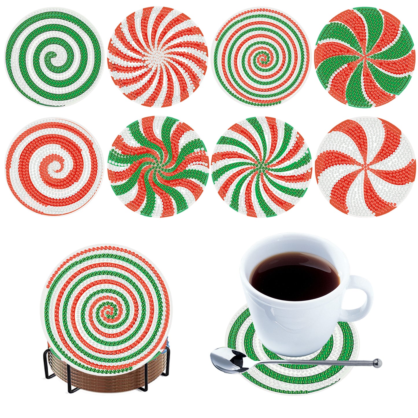 8pcs Candy Wooden DIY Coaster Diamond Art Kits with Holder No-Slip Home Decor