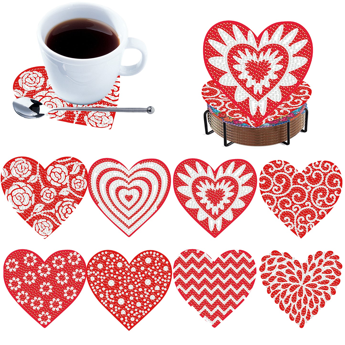 8pcs Love Wooden DIY Coaster Diamond Art Kits with Holder No-Slip for Home Decor