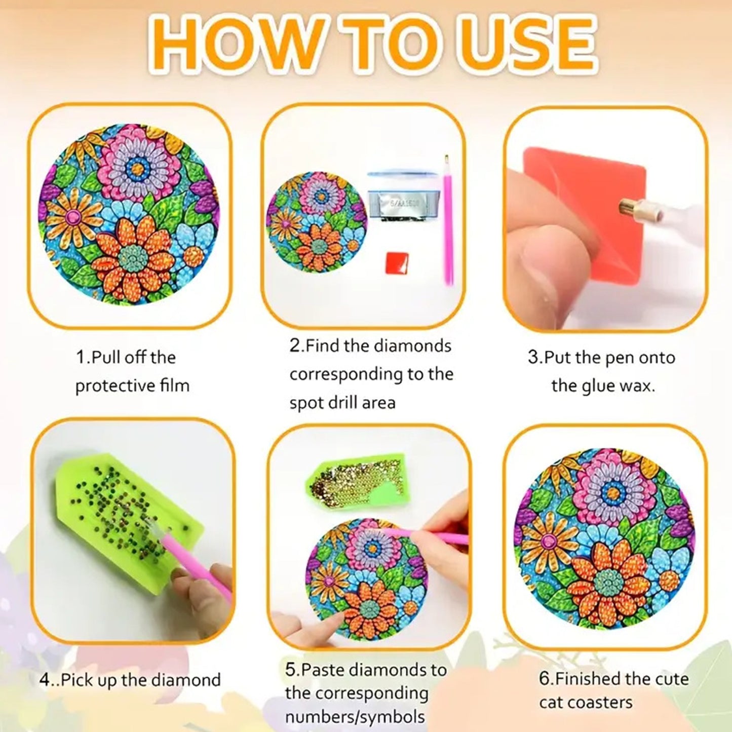 8pcs Love Wooden DIY Coaster Diamond Art Kits with Holder No-Slip for Home Decor