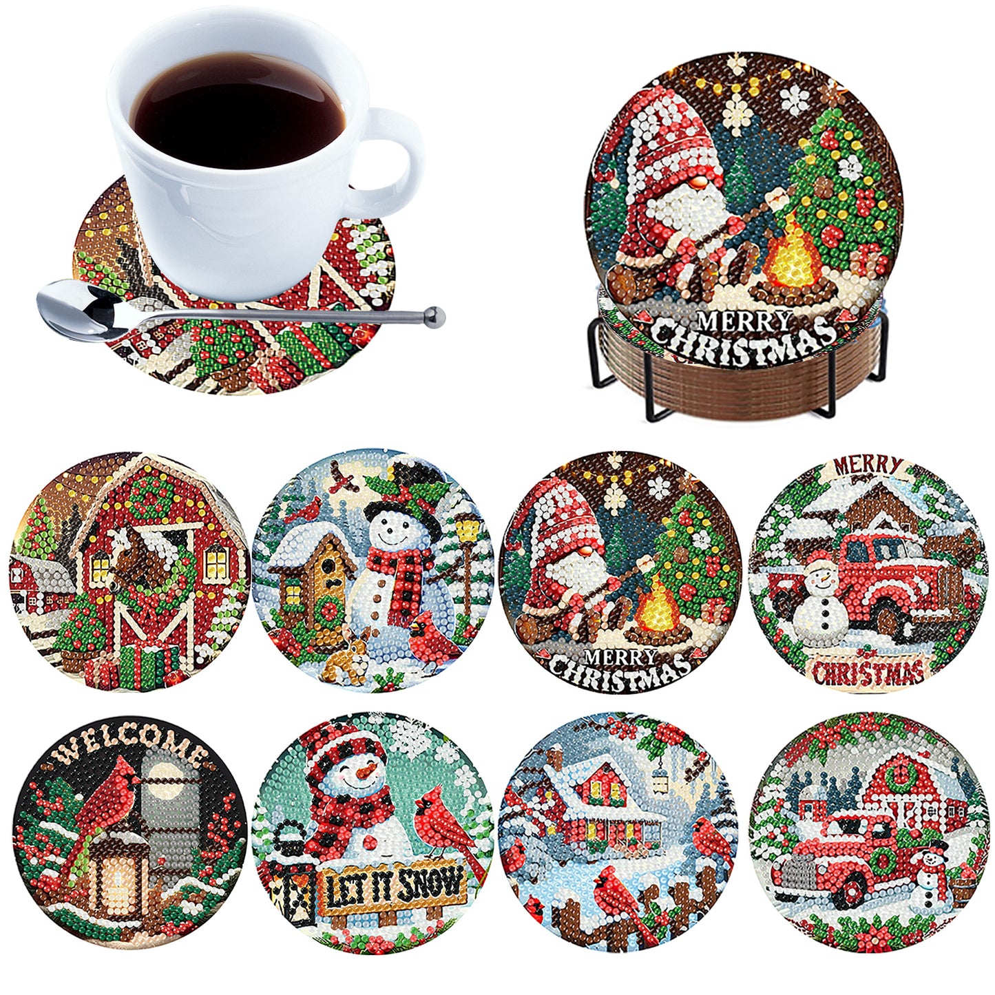 8pc Christmas Wooden DIY Coaster Diamond Art Kits with Holder No-Slip Home Decor