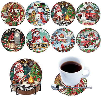 8pc Christmas Wooden DIY Coaster Diamond Art Kits with Holder No-Slip Home Decor