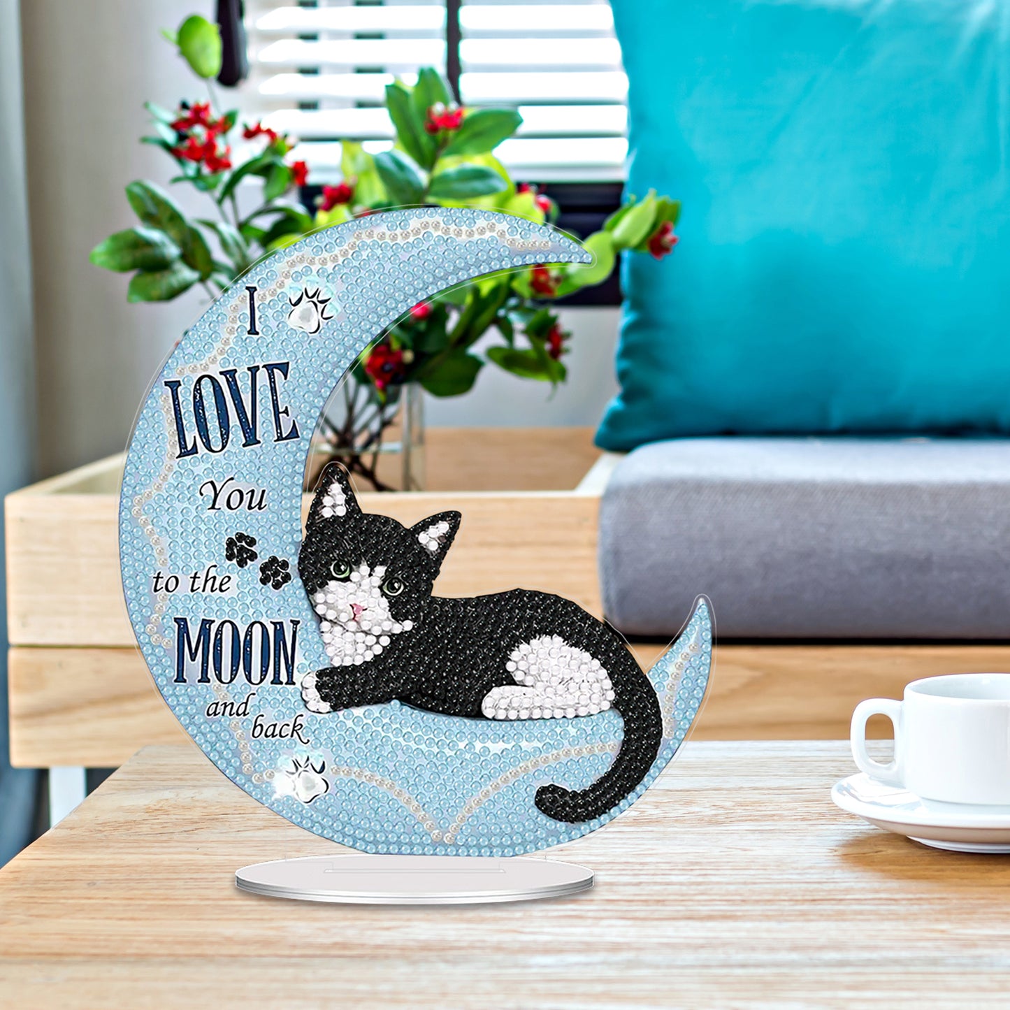 Moon Cat DIY 2D Flat Acrylic Desktop Diamond Art Kit Single-Sided for Home Decor