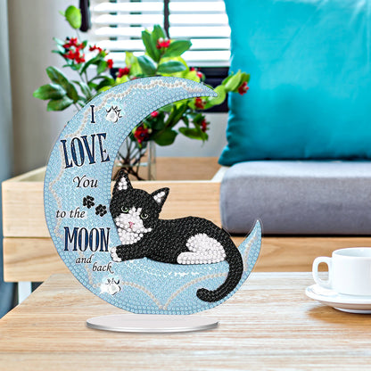 Moon Cat DIY 2D Flat Acrylic Desktop Diamond Art Kit Single-Sided for Home Decor
