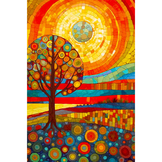 High Saturation Glass Painting Tree And Sun - Full Round Drill Diamond Painting 40*60CM
