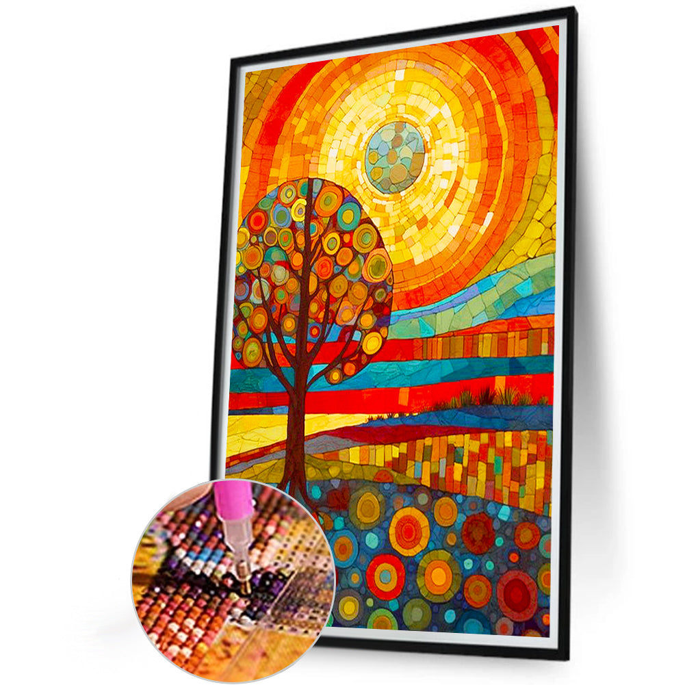 High Saturation Glass Painting Tree And Sun - Full Round Drill Diamond Painting 40*60CM