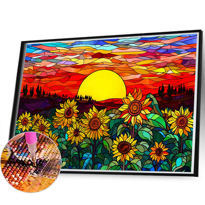 Glass Painting Sunset And Sunflower Field - Full Round Drill Diamond Painting 60*40CM