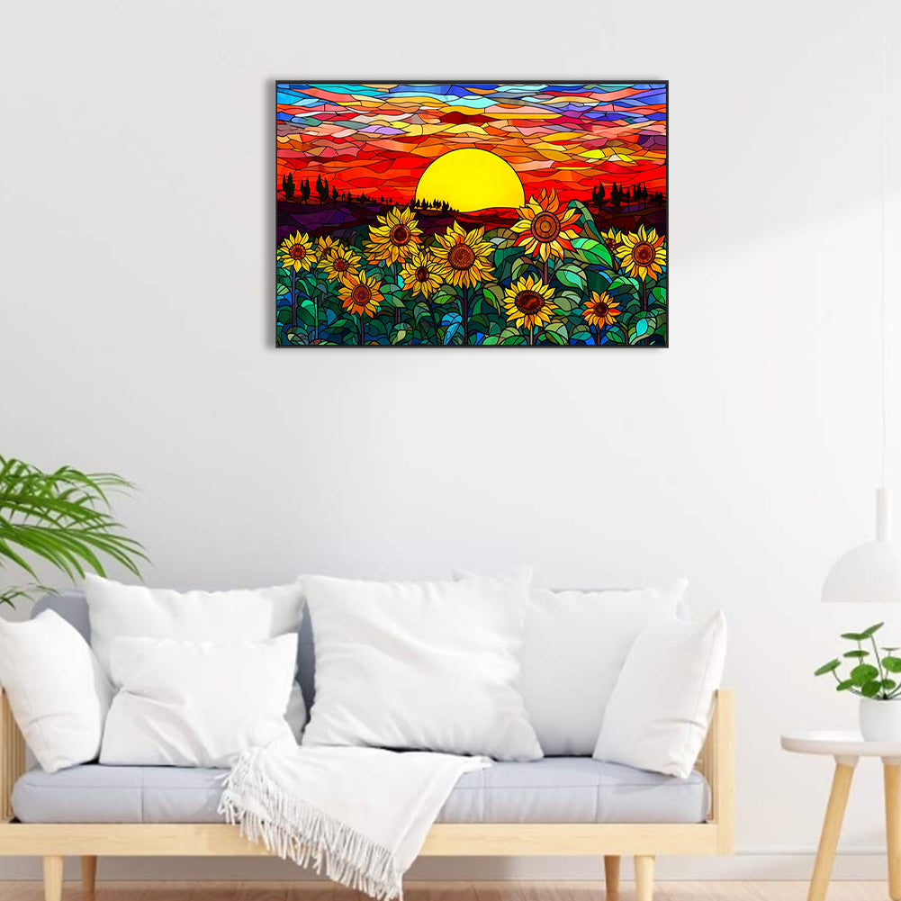 Glass Painting Sunset And Sunflower Field - Full Round Drill Diamond Painting 60*40CM