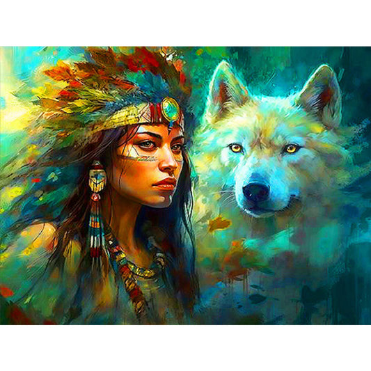 Indian White Wolf And The Dreamcatcher - Full Round Drill Diamond Painting 40*30CM
