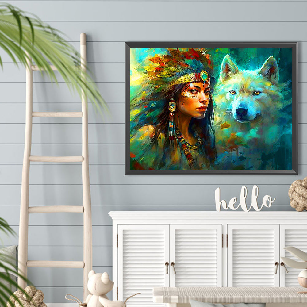 Indian White Wolf And The Dreamcatcher - Full Round Drill Diamond Painting 40*30CM