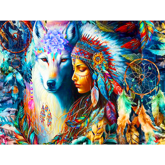 Indian Wolf And The Dreamcatcher - Full Round Drill Diamond Painting 40*30CM