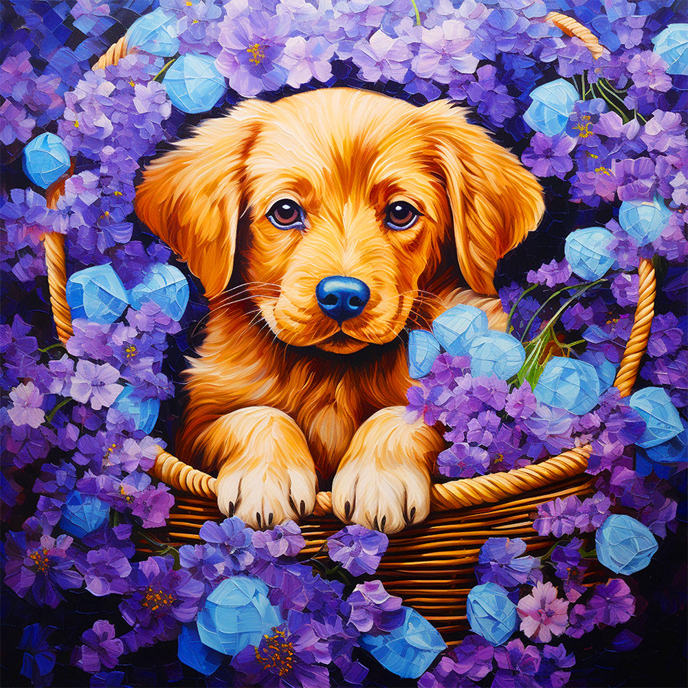Dog In Flower Basket - Full Round Drill Diamond Painting 40*40CM