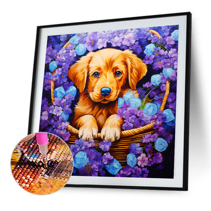 Dog In Flower Basket - Full Round Drill Diamond Painting 40*40CM