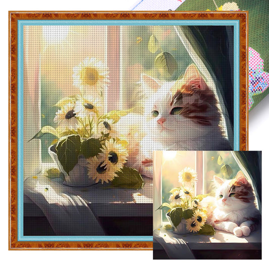 Cat And Flowers On The Windowsill - 18CT Stamped Cross Stitch 30*30CM