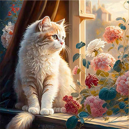 Cat And Flowers On The Windowsill - 18CT Stamped Cross Stitch 30*30CM