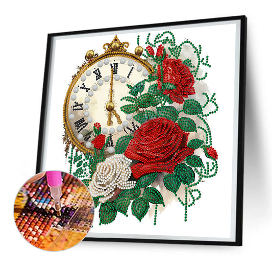 Flowers And Clock - Special Shaped Drill Diamond Painting 30*30CM