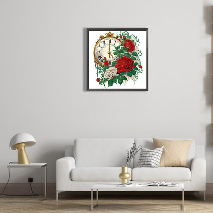 Flowers And Clock - Special Shaped Drill Diamond Painting 30*30CM