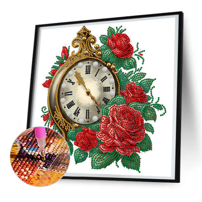 Flowers And Clock -  Special Shaped Drill Diamond Painting 30*30CM