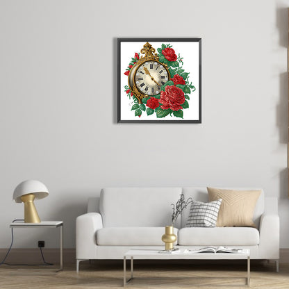 Flowers And Clock -  Special Shaped Drill Diamond Painting 30*30CM