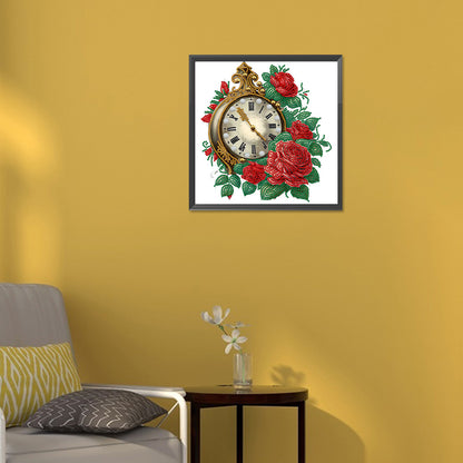 Flowers And Clock -  Special Shaped Drill Diamond Painting 30*30CM